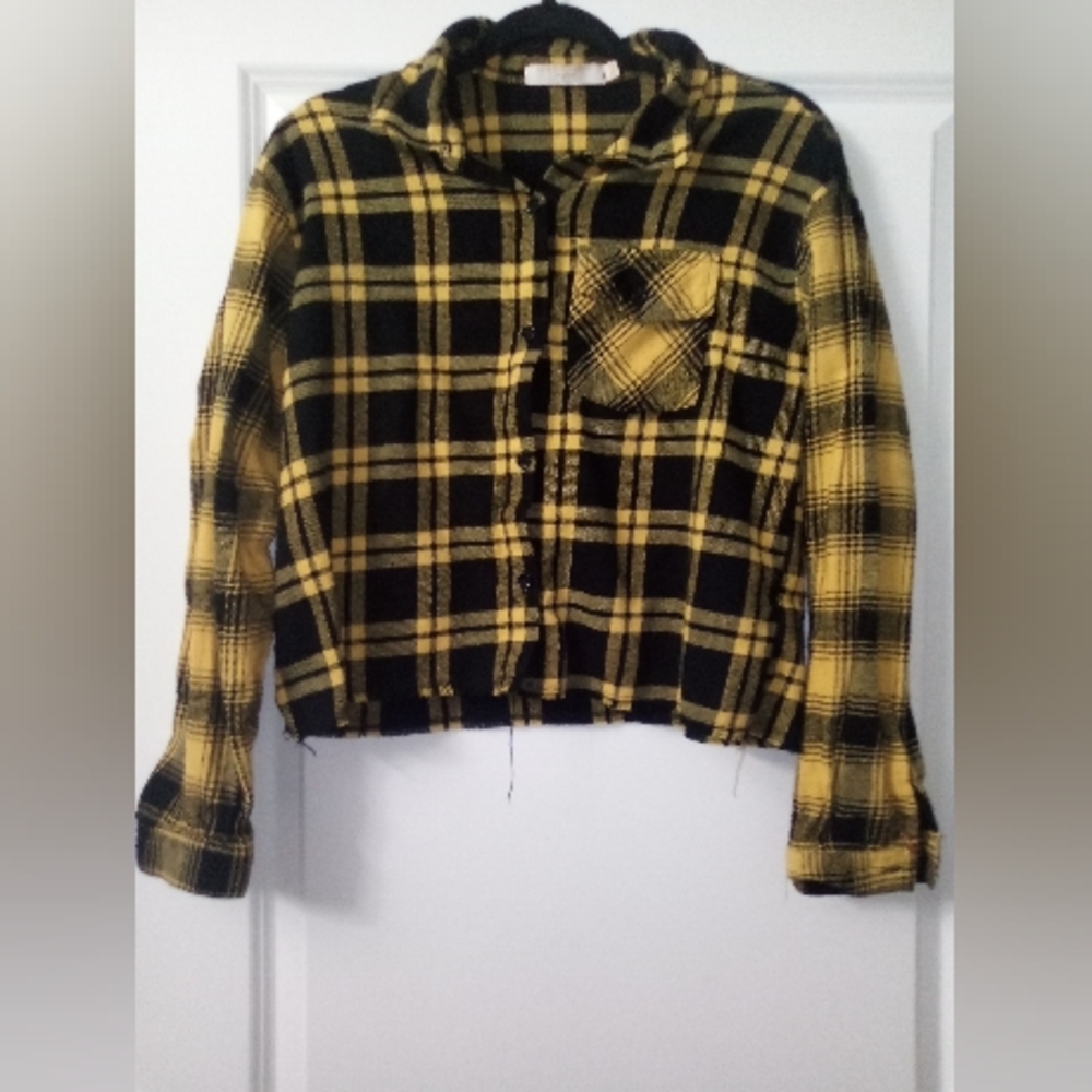 90s Grunge Style Yellow & Black Cropped Checkered Flannel Size Large